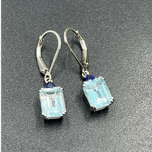 BBJ 925 Sterling Silver Emerald Cut Blue Topaz Sm Sapphire Lever back Earrings - Picture 3 of 9